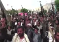 Houthi supporters protest Saudi-led coalition airstrikes in Sana'a, Yemen, on September 4, 2015.
