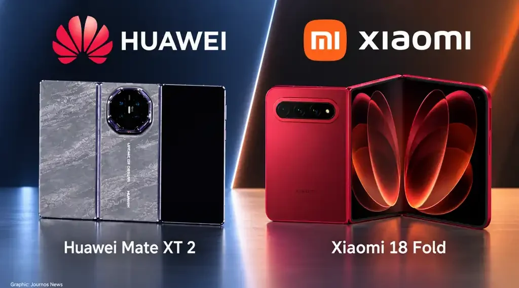 Huawei Mate XT 2 and Xiaomi 18 Fold foldable smartphones displayed side by side in a branded JournosNews comparison graphic.