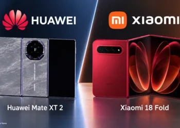 Huawei Mate XT 2 and Xiaomi 18 Fold foldable smartphones displayed side by side in a branded JournosNews comparison graphic.