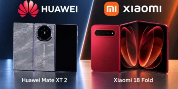 Huawei Mate XT 2 and Xiaomi 18 Fold foldable smartphones displayed side by side in a branded JournosNews comparison graphic.