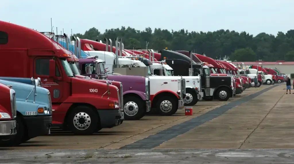 Semi-tractor trailer trucks loaded with bottled water at Maxwell Air Force Base in Montgomery, Alabama, on July 11, 2005.