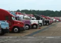 Semi-tractor trailer trucks loaded with bottled water at Maxwell Air Force Base in Montgomery, Alabama, on July 11, 2005.