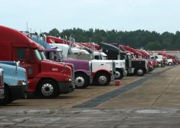 Semi-tractor trailer trucks loaded with bottled water at Maxwell Air Force Base in Montgomery, Alabama, on July 11, 2005.