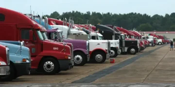 Semi-tractor trailer trucks loaded with bottled water at Maxwell Air Force Base in Montgomery, Alabama, on July 11, 2005.