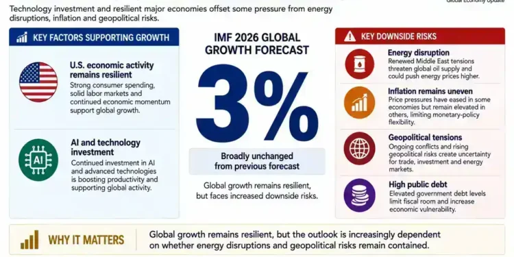 IMF 2026 global growth forecast of 3 percent, with technology investment, resilient economies, energy disruption and geopolitical risks highlighted.