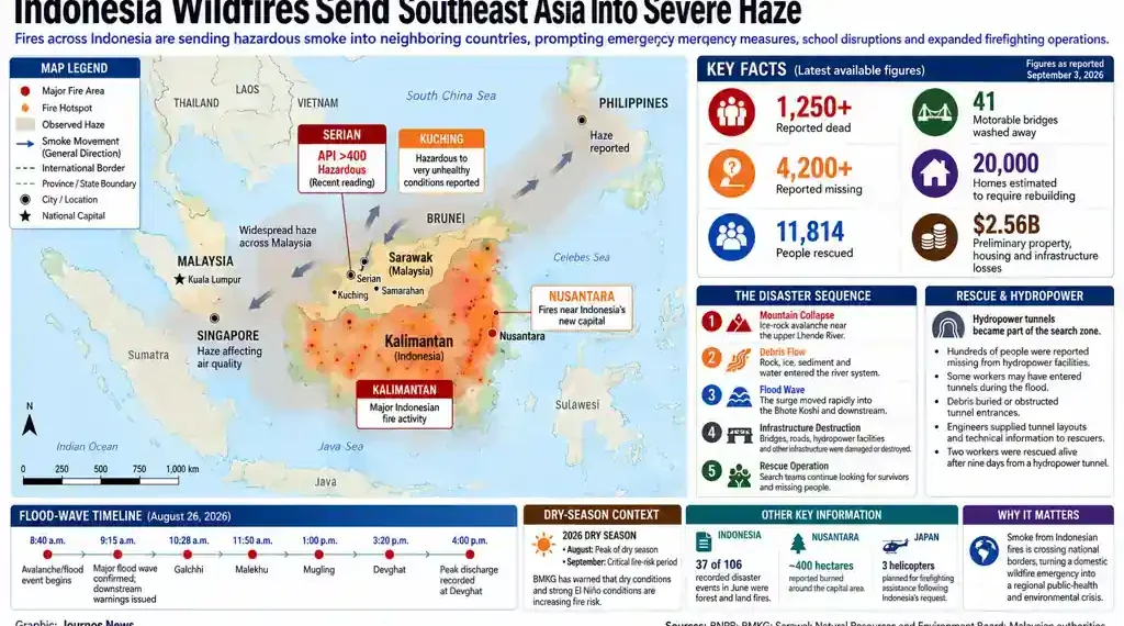 Indonesia wildfire graphic showing fires in Kalimantan, smoke movement across Southeast Asia, affected locations and firefighting operations.