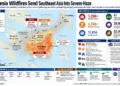 Indonesia wildfire graphic showing fires in Kalimantan, smoke movement across Southeast Asia, affected locations and firefighting operations.