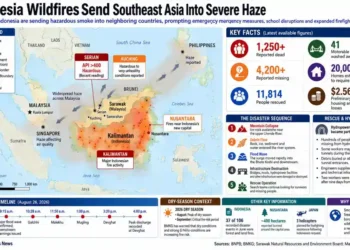 Indonesia wildfire graphic showing fires in Kalimantan, smoke movement across Southeast Asia, affected locations and firefighting operations.