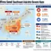 Indonesia wildfire graphic showing fires in Kalimantan, smoke movement across Southeast Asia, affected locations and firefighting operations.