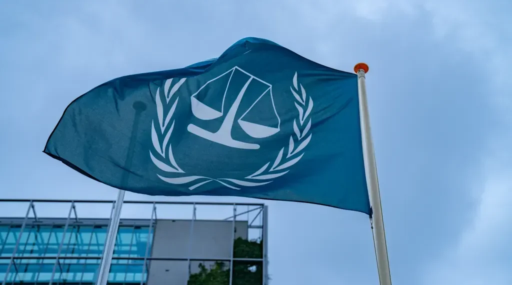 International Criminal Court flag outside the court premises in The Hague, Netherlands, photographed on July 23, 2024.