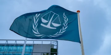 International Criminal Court flag outside the court premises in The Hague, Netherlands, photographed on July 23, 2024.