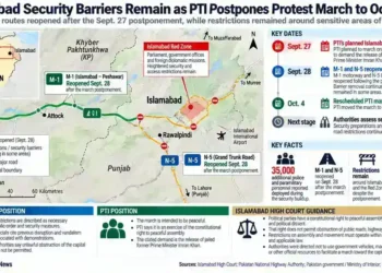 Map showing Islamabad security barriers and reopened roads after PTI postponed its planned protest march to October 4.