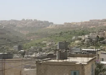 Israeli settlements are visible on hills southwest of Dheisheh refugee camp in the West Bank, Palestine, photographed in March 2018.