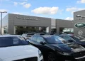 Jaguar and Land Rover dealership building operated by Marshalls in Fen Ditton, Cambridgeshire, England.