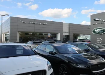 Jaguar and Land Rover dealership building operated by Marshalls in Fen Ditton, Cambridgeshire, England.