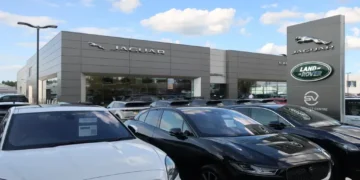 Jaguar and Land Rover dealership building operated by Marshalls in Fen Ditton, Cambridgeshire, England.