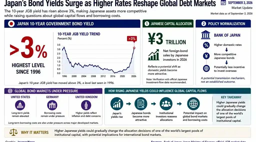 Graphic showing Japan’s 10-year government bond yield above 3%, capital allocation, policy normalization and potential global bond-market effects.