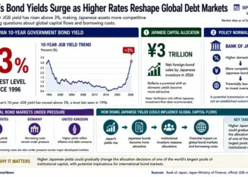 Graphic showing Japan’s 10-year government bond yield above 3%, capital allocation, policy normalization and potential global bond-market effects.