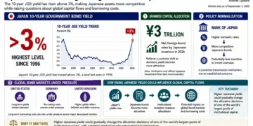 Graphic showing Japan’s 10-year government bond yield above 3%, capital allocation, policy normalization and potential global bond-market effects.