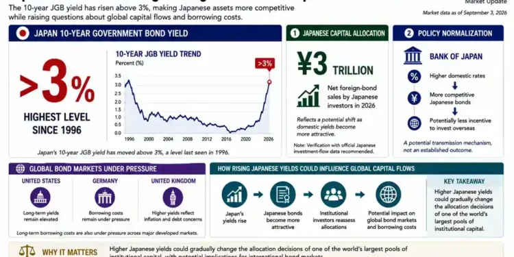 Graphic showing Japan’s 10-year government bond yield above 3%, capital allocation, policy normalization and potential global bond-market effects.