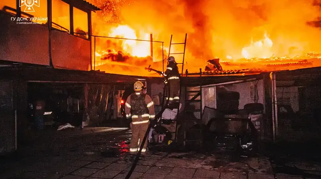 Fire burns in Kharkiv after a Russian drone attack in Ukraine’s Kharkiv Oblast on November 3, 2023.