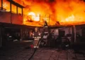 Fire burns in Kharkiv after a Russian drone attack in Ukraine’s Kharkiv Oblast on November 3, 2023.