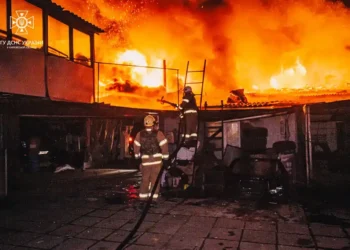 Fire burns in Kharkiv after a Russian drone attack in Ukraine’s Kharkiv Oblast on November 3, 2023.