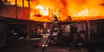 Fire burns in Kharkiv after a Russian drone attack in Ukraine’s Kharkiv Oblast on November 3, 2023.