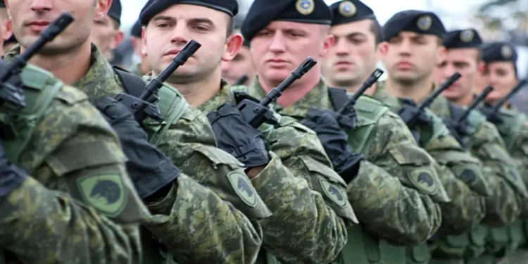 Kosovo Security Force personnel march during a ceremony marking the establishment of the force in Prishtina, Kosovo.