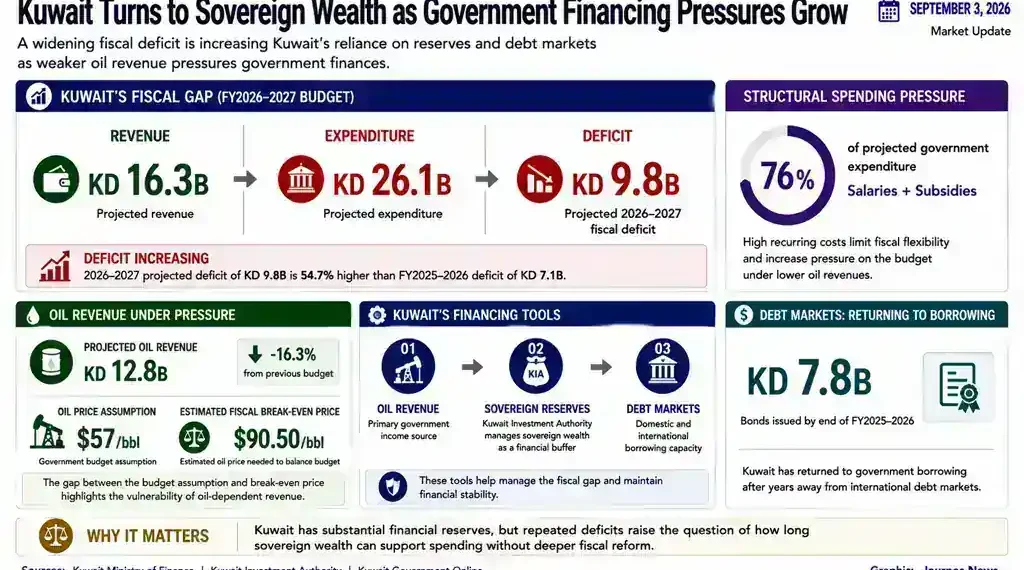 Kuwait fiscal graphic showing a widening budget deficit, lower oil revenue, sovereign reserves, government borrowing and rising debt-market reliance.