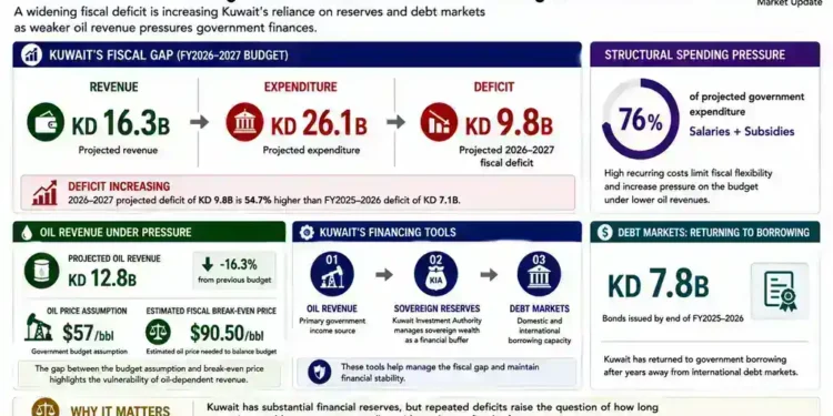 Kuwait fiscal graphic showing a widening budget deficit, lower oil revenue, sovereign reserves, government borrowing and rising debt-market reliance.