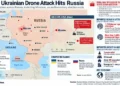 Map showing reported Ukrainian drone activity across Russia, including Moscow, damage reports, casualties, evacuations, and competing Russian and Ukrainian claims.