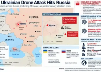 Map showing reported Ukrainian drone activity across Russia, including Moscow, damage reports, casualties, evacuations, and competing Russian and Ukrainian claims.
