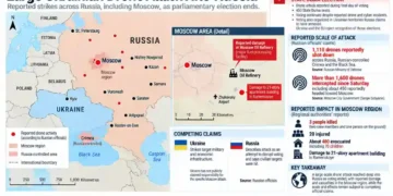 Map showing reported Ukrainian drone activity across Russia, including Moscow, damage reports, casualties, evacuations, and competing Russian and Ukrainian claims.