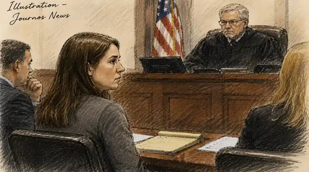 Courtroom illustration representing Lindsay Clancy’s murder trial as jurors continue deliberating for a sixth day over the case.