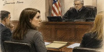 Courtroom illustration representing Lindsay Clancy’s murder trial as jurors continue deliberating for a sixth day over the case.
