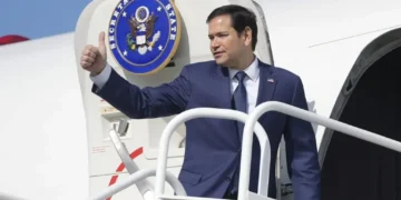 Marco Rubio aboard Air Force Three en route to Germany for the Munich Security Conference and G7 foreign ministers meeting.