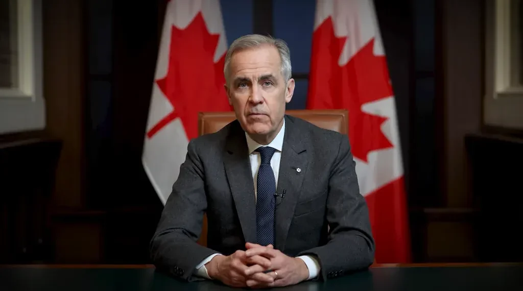 Canadian Prime Minister Mark Carney delivers a televised message marking International Women's Day in March 2026.