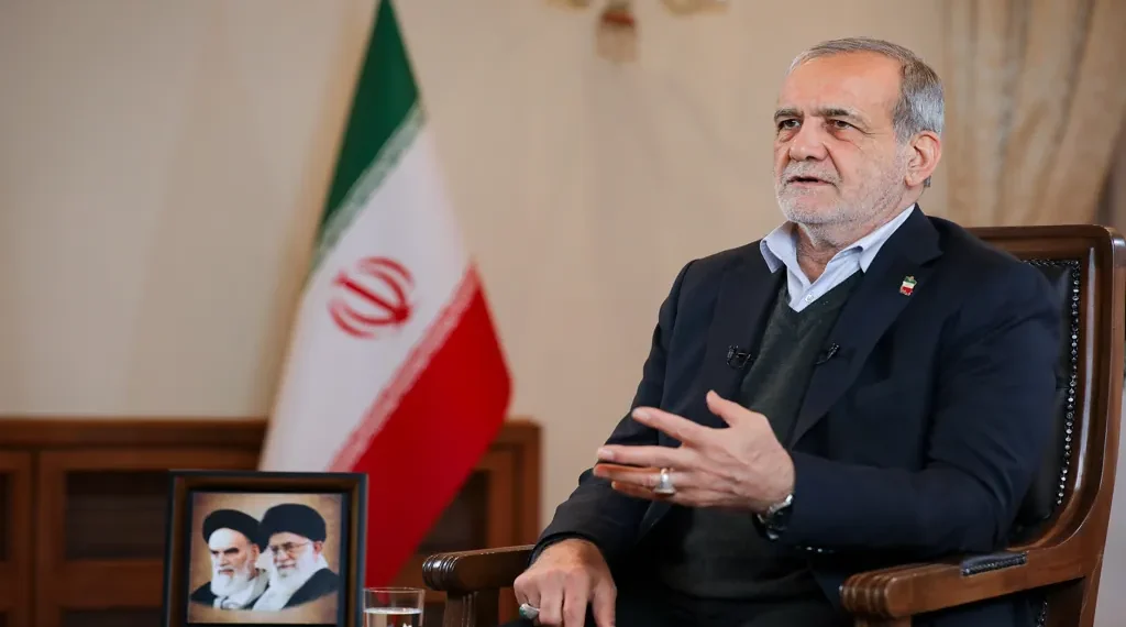 Masoud Pezeshkian, president of Iran, appears during an interview with Khamenei.ir in 2025.