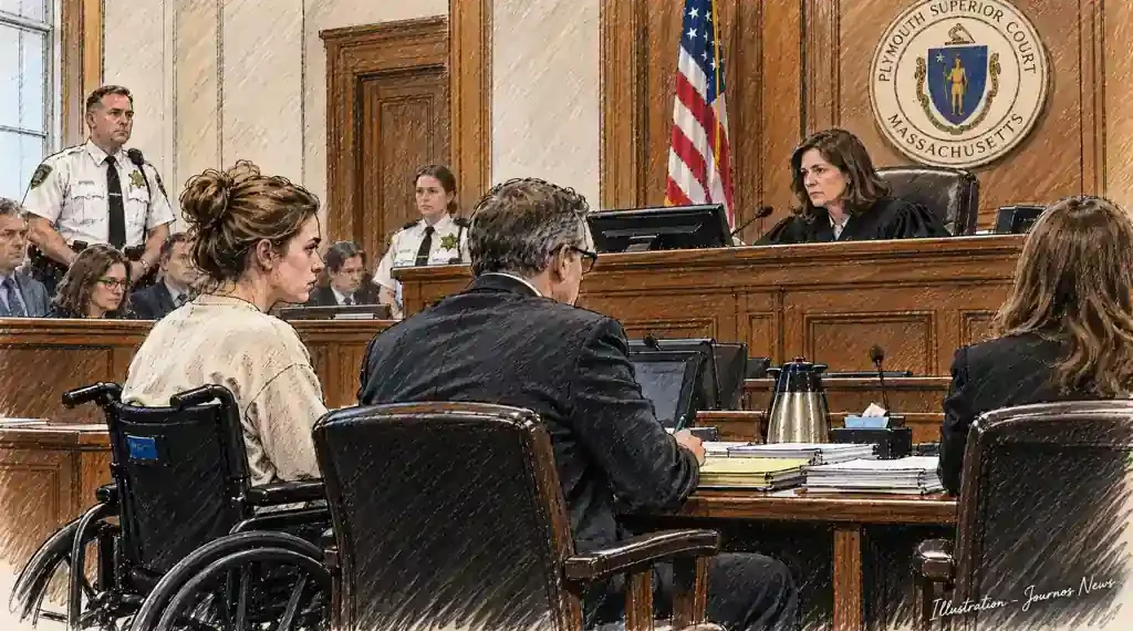 Courtroom illustration showing a woman in a wheelchair seated with attorneys before a Massachusetts Superior Court judge.