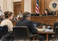 Courtroom illustration showing a woman in a wheelchair seated with attorneys before a Massachusetts Superior Court judge.