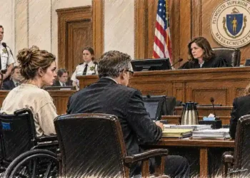 Courtroom illustration showing a woman in a wheelchair seated with attorneys before a Massachusetts Superior Court judge.