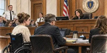 Courtroom illustration showing a woman in a wheelchair seated with attorneys before a Massachusetts Superior Court judge.