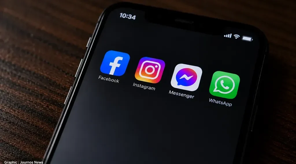 A smartphone displays Facebook, Instagram, Messenger and WhatsApp apps on its screen in a close-up original photograph.