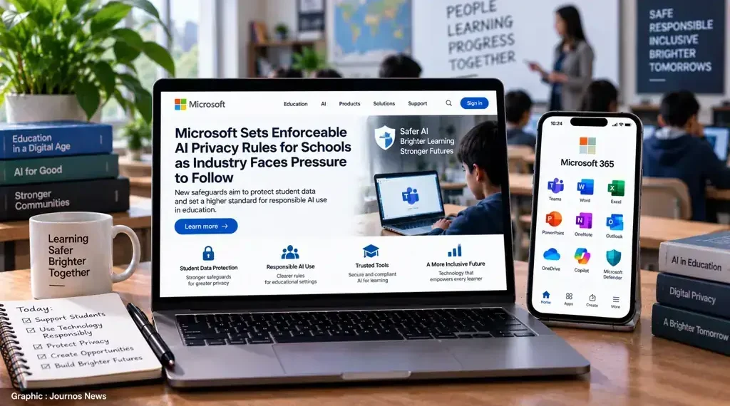 Microsoft laptop and smartphone display AI privacy safeguards for schools, student data protection, responsible AI use, and education technology.