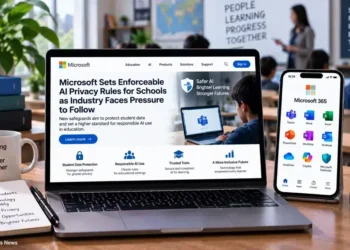 Microsoft laptop and smartphone display AI privacy safeguards for schools, student data protection, responsible AI use, and education technology.