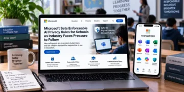 Microsoft laptop and smartphone display AI privacy safeguards for schools, student data protection, responsible AI use, and education technology.