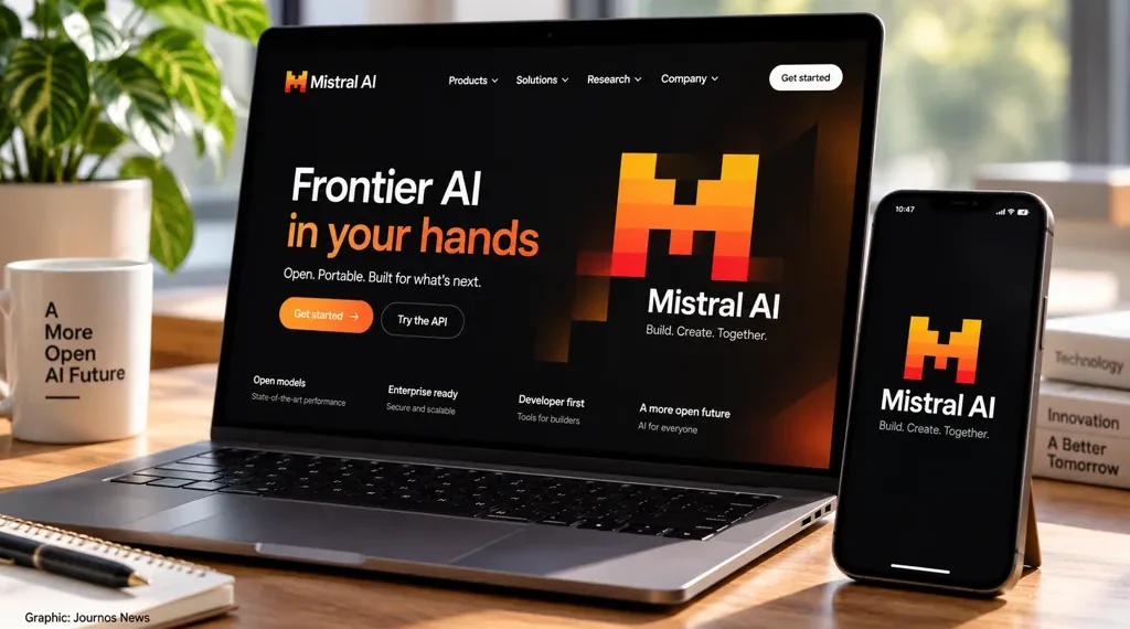 Mistral AI displayed on a laptop and smartphone, showing the company's artificial intelligence platform and branding in a modern workspace.