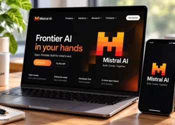 Mistral AI displayed on a laptop and smartphone, showing the company's artificial intelligence platform and branding in a modern workspace.