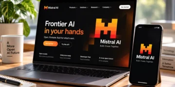 Mistral AI displayed on a laptop and smartphone, showing the company's artificial intelligence platform and branding in a modern workspace.